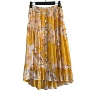 Mlle Gabrielle Yellow Tropical Palm Leaf Smocked Button Front Midi Skirt S